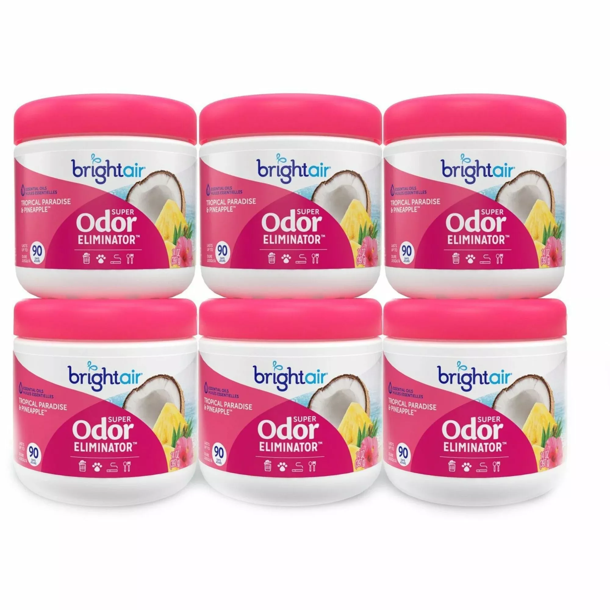 Bright Air Super Odor Eliminator Air Freshener – 14 fl oz (0.4 quart) – Tropical Paradise & Pineapple – 90 Day – 6 / Carton – Cruelty-free, Phthalate-free, Triclosan-free, BHT Free